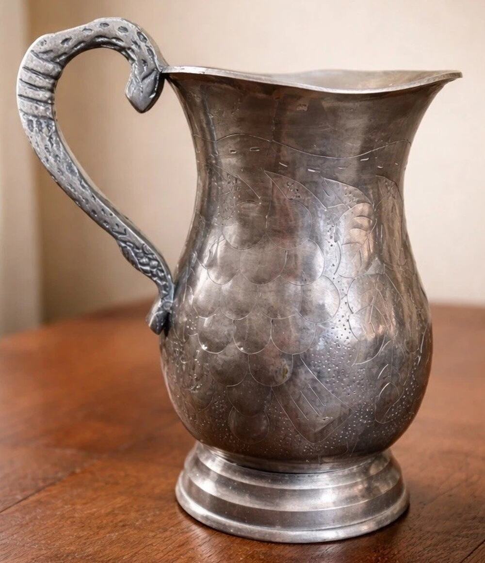 Vintage IHI Hammered Pewter Pitcher Serpent Handle India Williamsburg Style